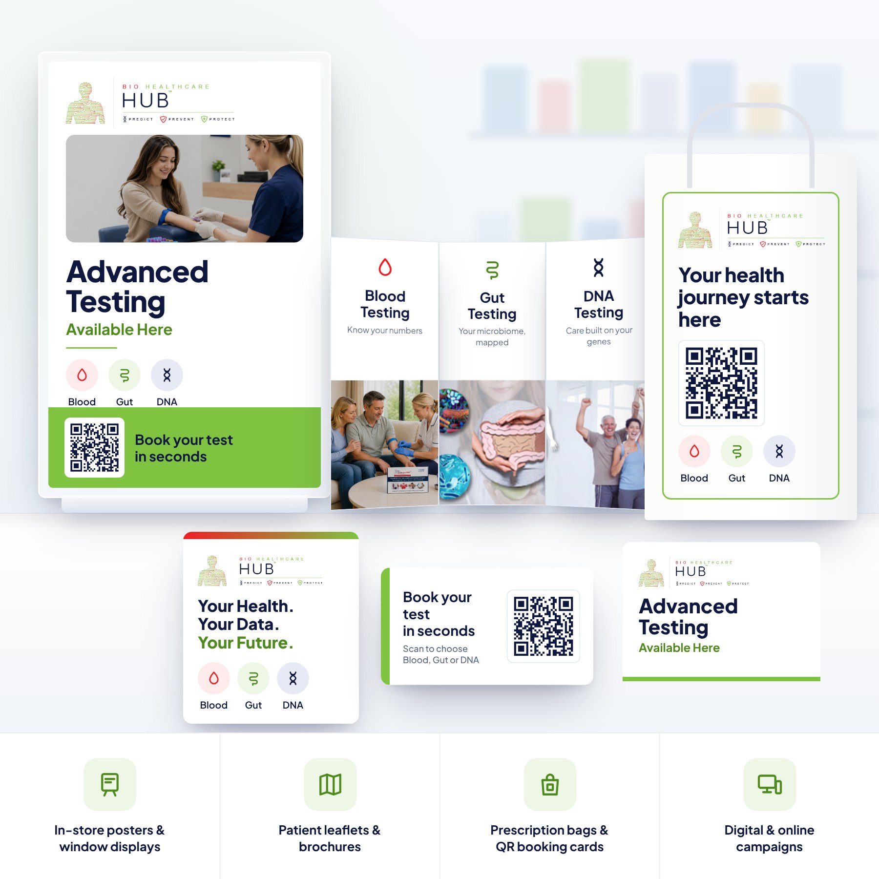 Point-of-sale toolkit: poster stand, leaflet, prescription bag, counter, QR and tent cards