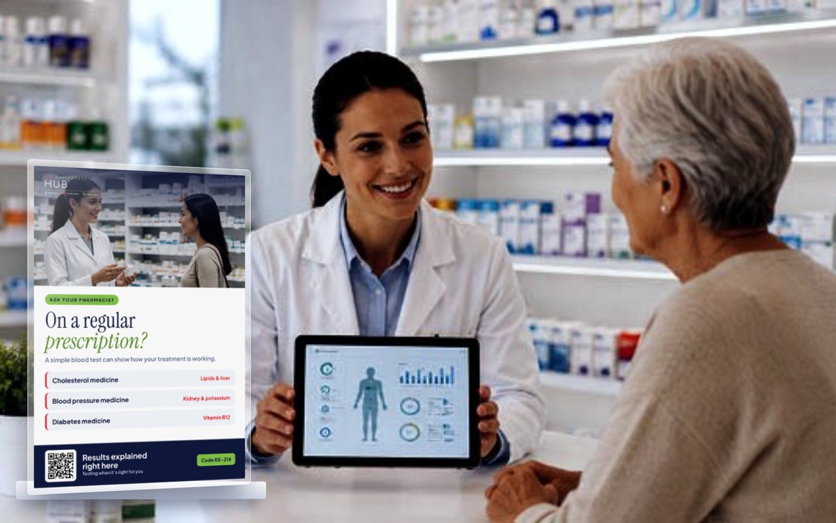 Counter poster beside a pharmacist