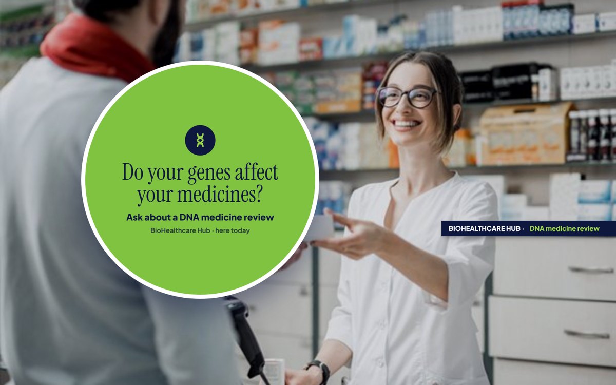 Shelf wobbler about DNA and medicines