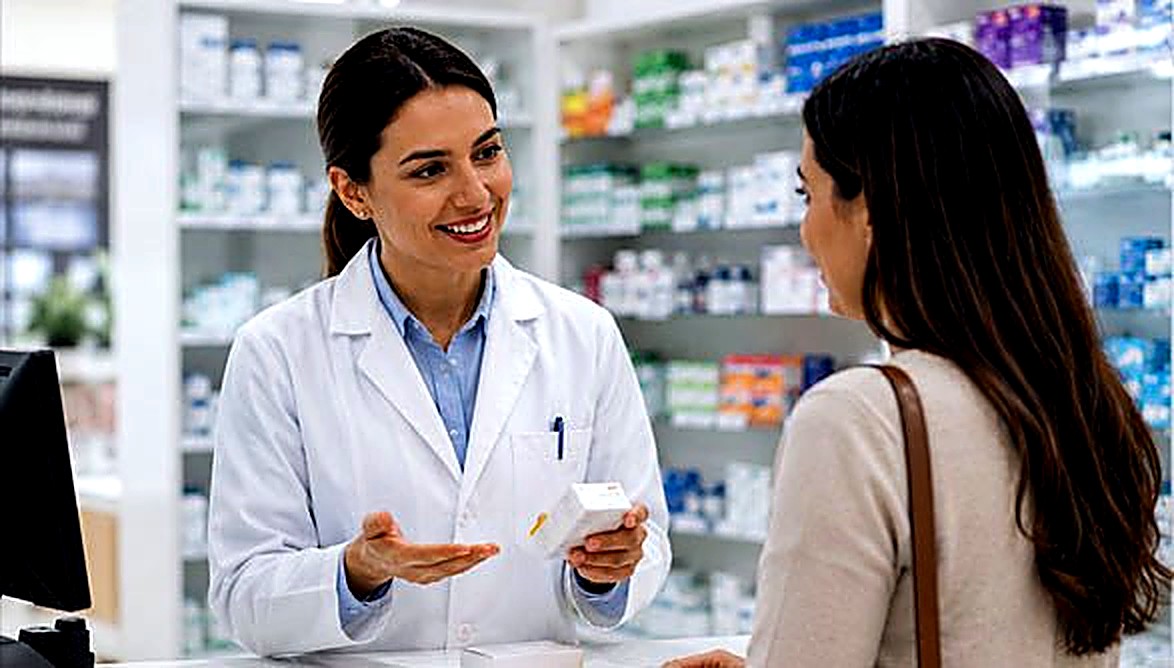 Pharmacist advising a patient at the counter