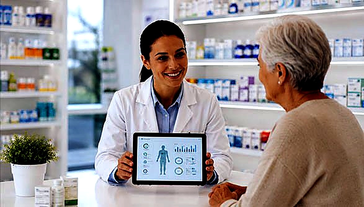Pharmacist reviewing results with a patient on a tablet