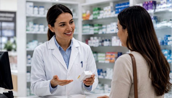 Pharmacist talking with a patient about statins