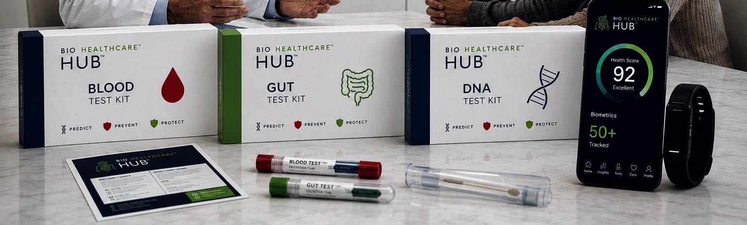Hub blood, gut and DNA test kits with the app